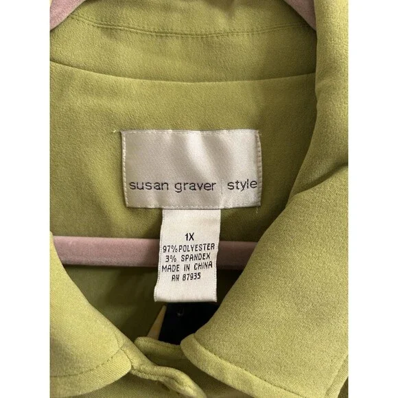 Susan Graver Women’s Green Long Sleeve Microsuede Button Up Top 1X Casual Career - Picture 7 of 7